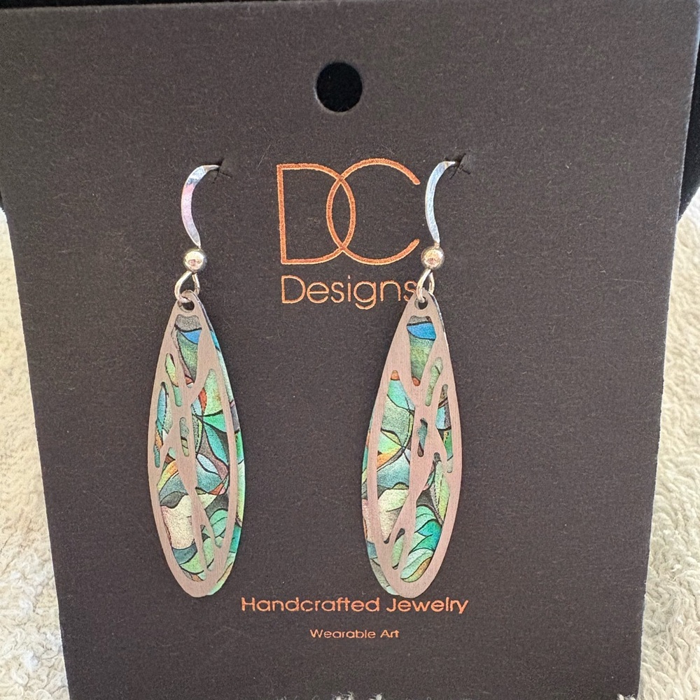 DC Designs - Blue Purple Multicolor Print Silver Abstract Overlay Oval Earrings
